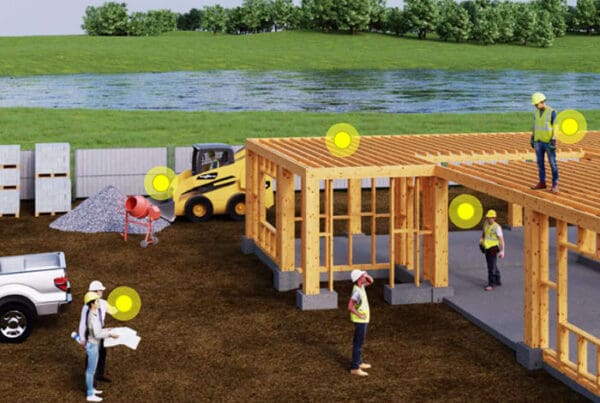 Clickable Coverage® - Contractor Scene of a Construction While Contractors Build a House by a Lake